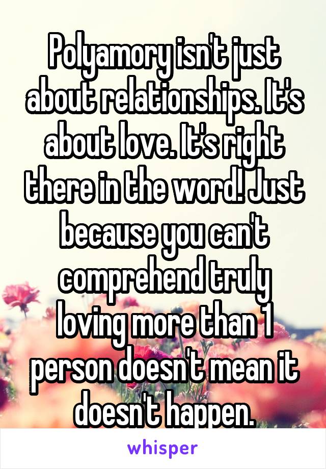 Polyamory isn't just about relationships. It's about love. It's right there in the word! Just because you can't comprehend truly loving more than 1 person doesn't mean it doesn't happen.