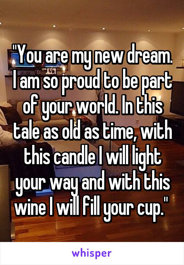 "You are my new dream. I am so proud to be part of your world. In this tale as old as time, with this candle I will light your way and with this wine I will fill your cup." 