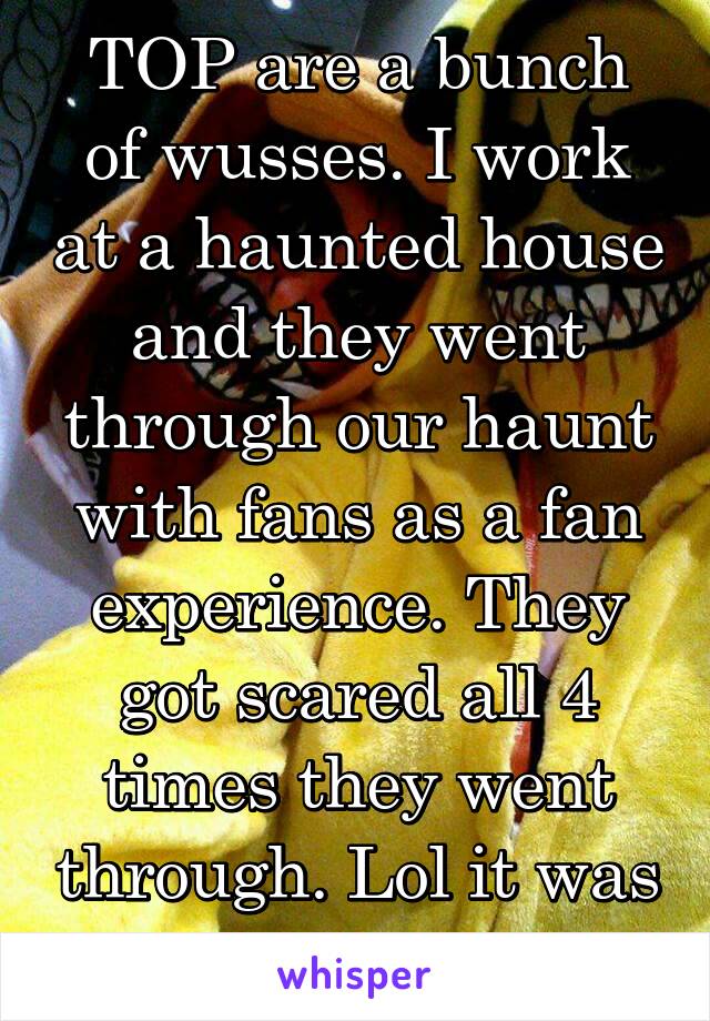 TOP are a bunch of wusses. I work at a haunted house and they went through our haunt with fans as a fan experience. They got scared all 4 times they went through. Lol it was great.