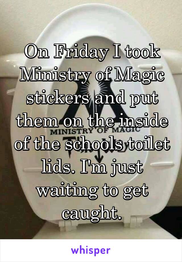 On Friday I took Ministry of Magic stickers and put them on the inside of the schools toilet lids. I'm just waiting to get caught.