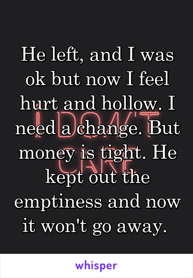 He left, and I was ok but now I feel hurt and hollow. I need a change. But money is tight. He kept out the emptiness and now it won't go away. 