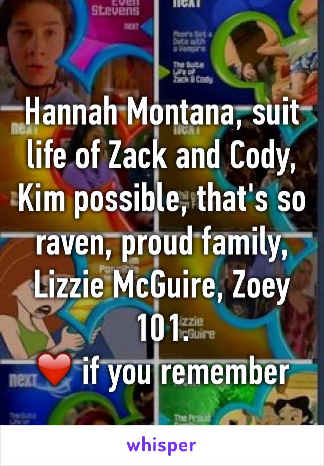 Hannah Montana, suit life of Zack and Cody, Kim possible, that's so raven, proud family, Lizzie McGuire, Zoey 101. 
❤️ if you remember 