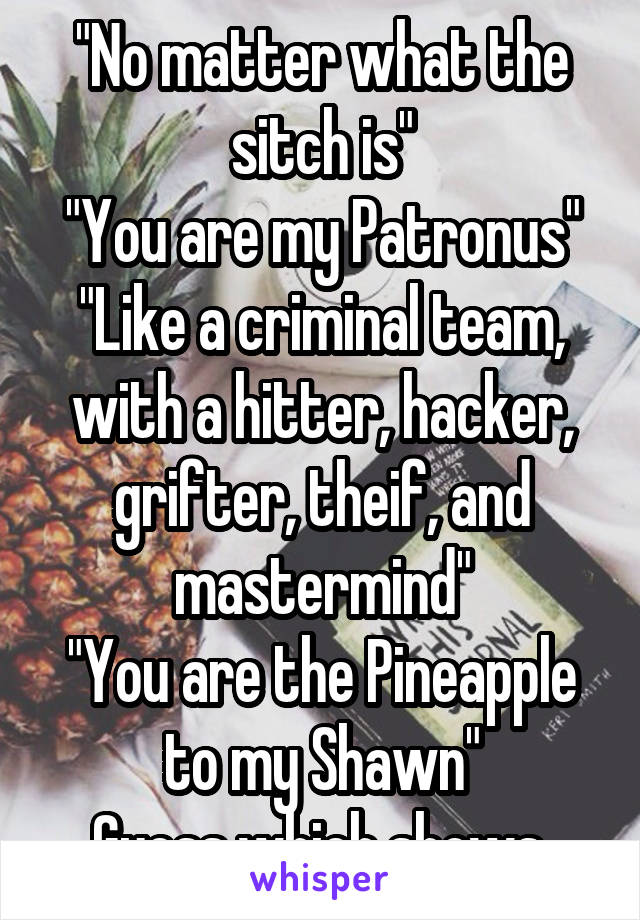 "No matter what the sitch is"
"You are my Patronus"
"Like a criminal team, with a hitter, hacker, grifter, theif, and mastermind"
"You are the Pineapple to my Shawn"
Guess which shows.