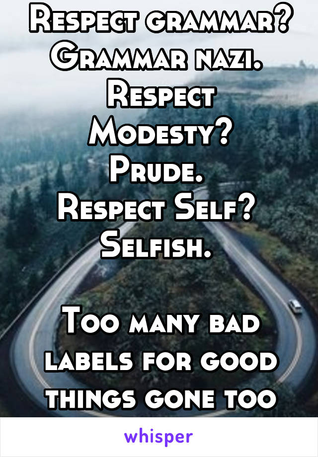 Respect grammar? Grammar nazi. 
Respect Modesty?
Prude. 
Respect Self? 
Selfish. 

Too many bad labels for good things gone too far.