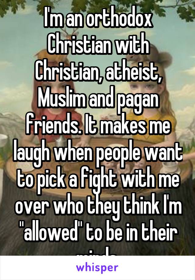 I'm an orthodox Christian with Christian, atheist, Muslim and pagan friends. It makes me laugh when people want to pick a fight with me over who they think I'm "allowed" to be in their minds.