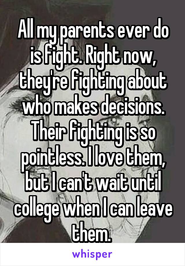 All my parents ever do is fight. Right now, they're fighting about who makes decisions. Their fighting is so pointless. I love them, but I can't wait until college when I can leave them. 