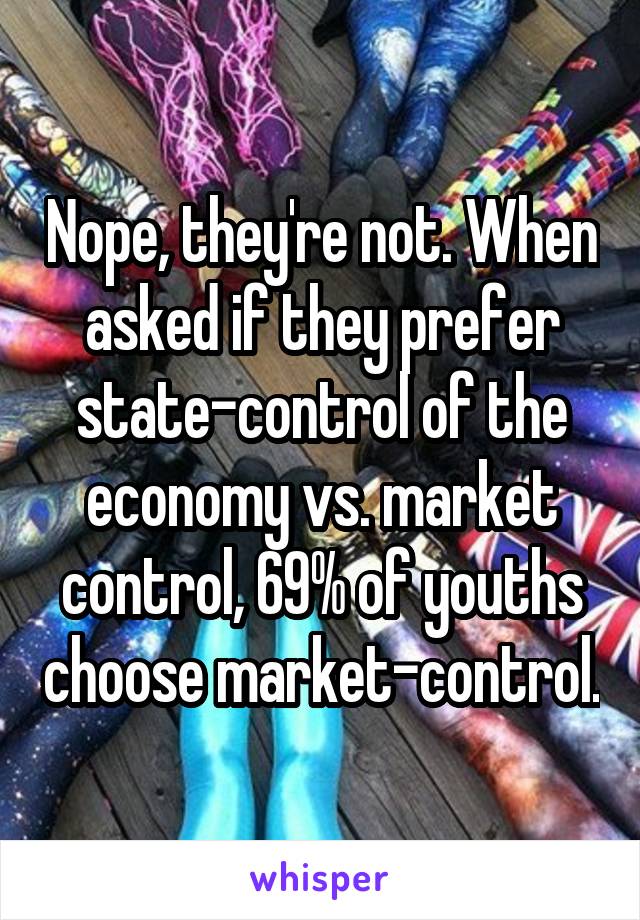 Nope, they're not. When asked if they prefer state-control of the economy vs. market control, 69% of youths choose market-control.