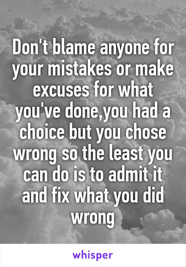 Don't blame anyone for your mistakes or make excuses for what you've done,you had a choice but you chose wrong so the least you can do is to admit it and fix what you did wrong
