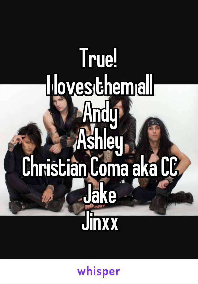 True! 
I loves them all
Andy
Ashley
Christian Coma aka CC
Jake
Jinxx