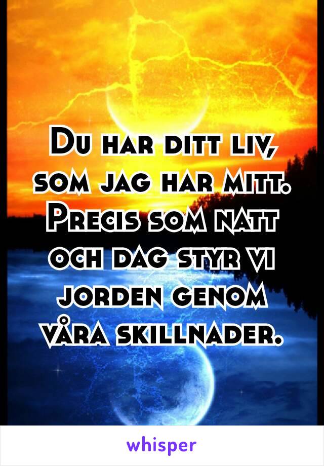 Du har ditt liv, som jag har mitt. Precis som natt och dag styr vi jorden genom våra skillnader.