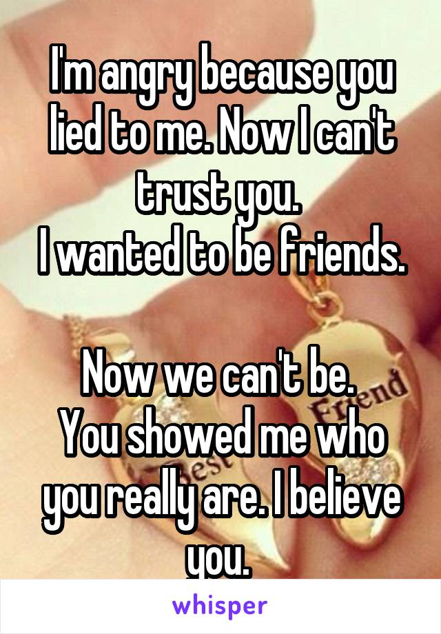 I'm angry because you lied to me. Now I can't trust you. 
I wanted to be friends. 
Now we can't be. 
You showed me who you really are. I believe you. 