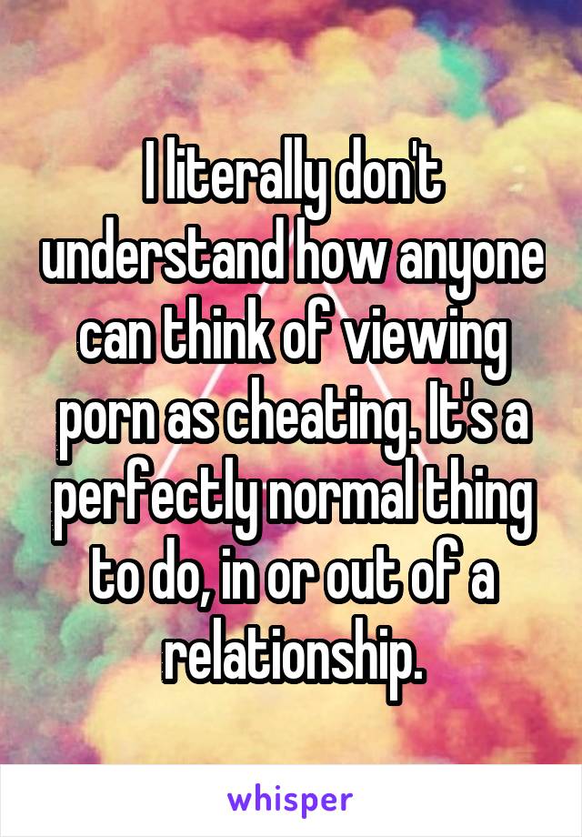 I literally don't understand how anyone can think of viewing porn as cheating. It's a perfectly normal thing to do, in or out of a relationship.