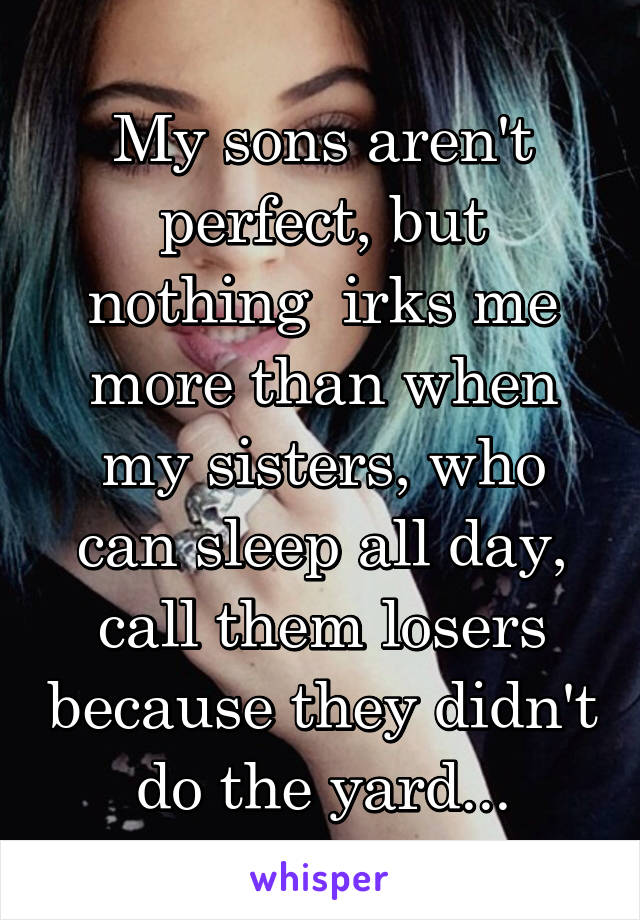 My sons aren't perfect, but nothing  irks me more than when my sisters, who can sleep all day, call them losers because they didn't do the yard...