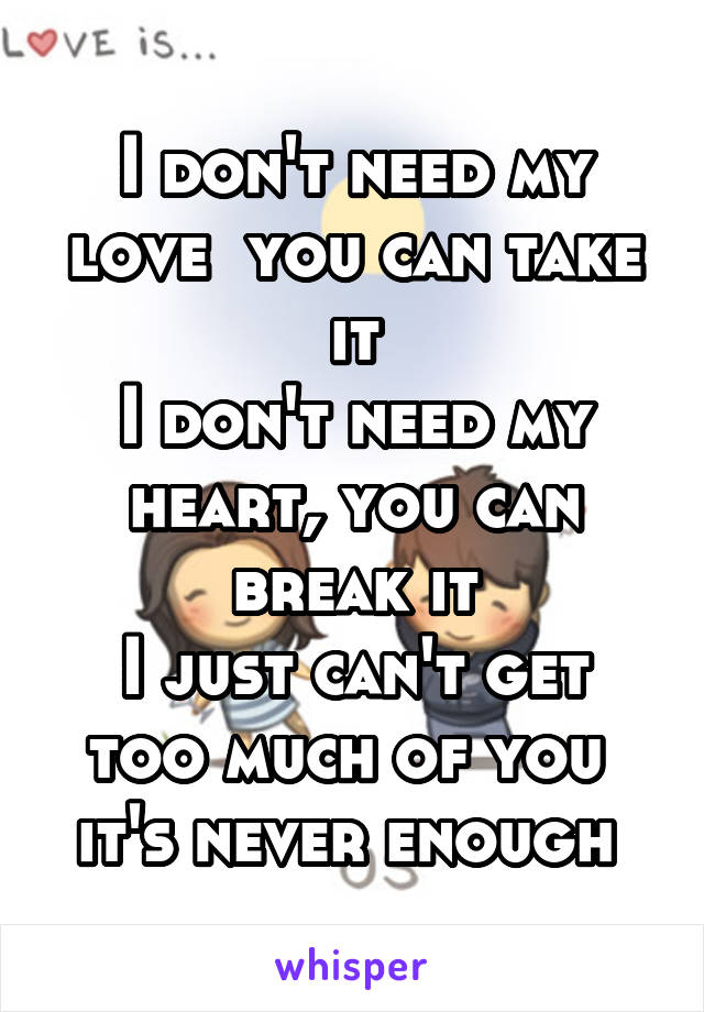 I don't need my love  you can take it
I don't need my heart, you can break it
I just can't get too much of you  it's never enough 