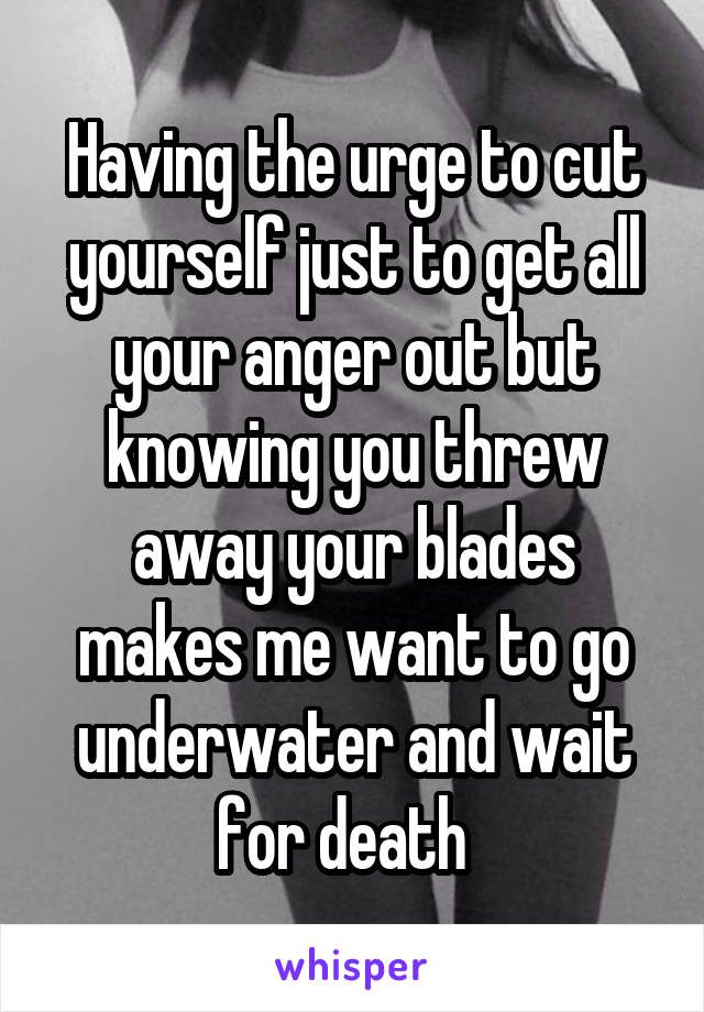 Having the urge to cut yourself just to get all your anger out but knowing you threw away your blades makes me want to go underwater and wait for death  