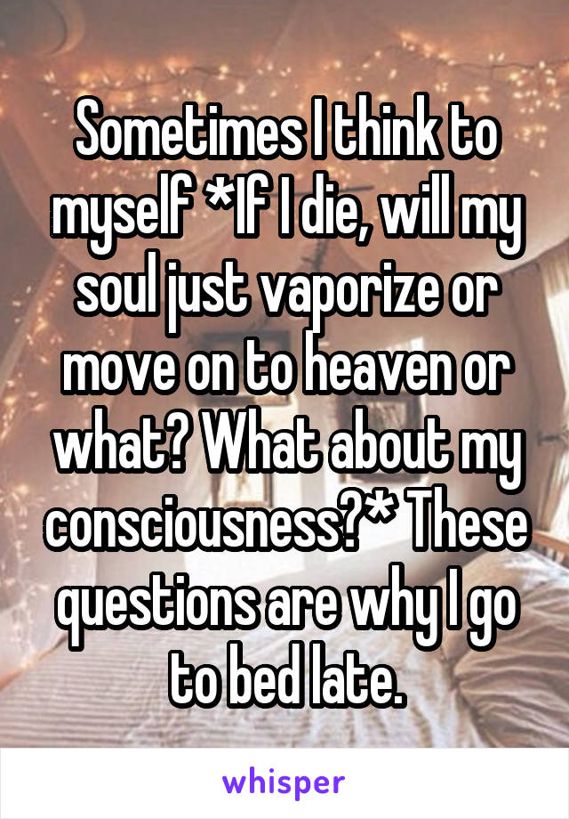 Sometimes I think to myself *If I die, will my soul just vaporize or move on to heaven or what? What about my consciousness?* These questions are why I go to bed late.