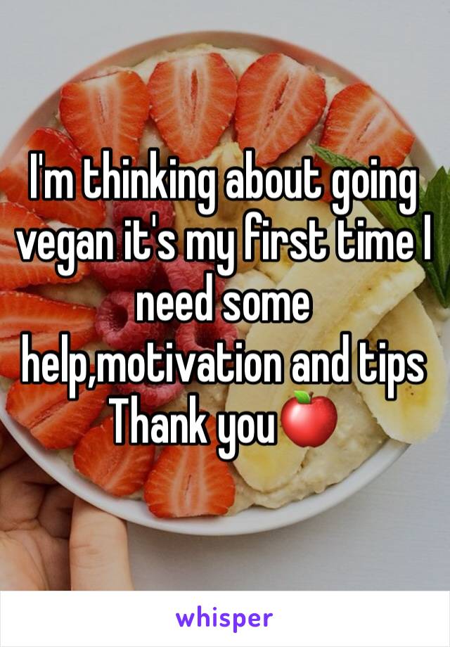 I'm thinking about going vegan it's my first time I need some help,motivation and tips
Thank you🍎
