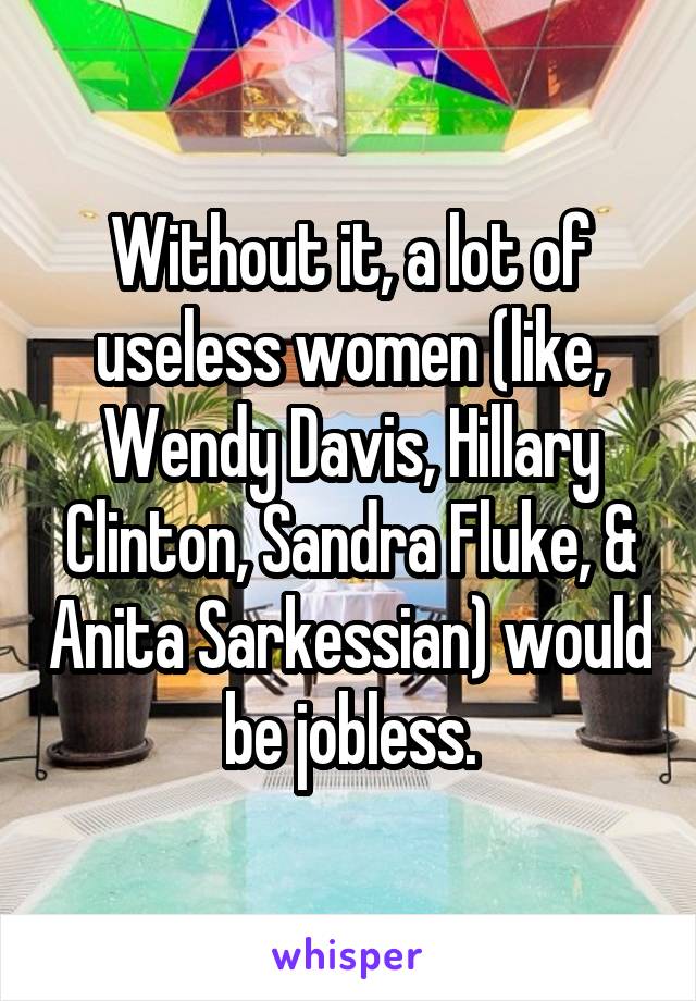 Without it, a lot of useless women (like, Wendy Davis, Hillary Clinton, Sandra Fluke, & Anita Sarkessian) would be jobless.