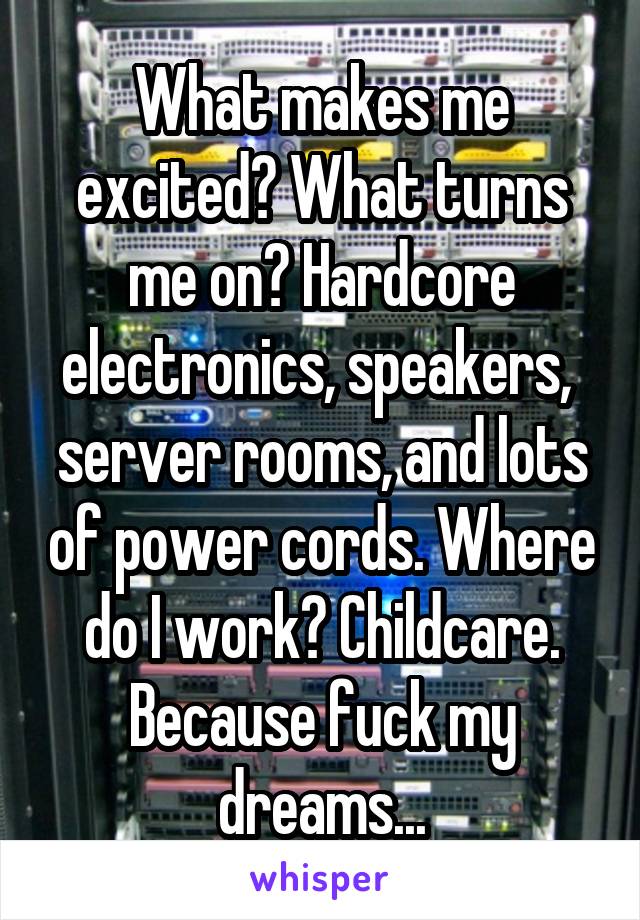 What makes me excited? What turns me on? Hardcore electronics, speakers,  server rooms, and lots of power cords. Where do I work? Childcare. Because fuck my dreams...