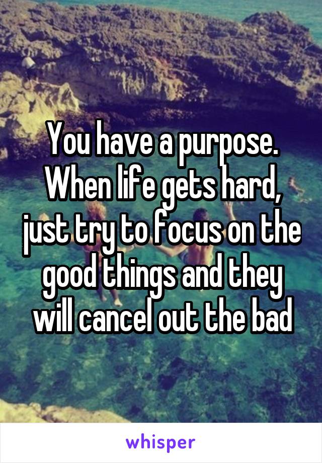 You have a purpose. When life gets hard, just try to focus on the good things and they will cancel out the bad