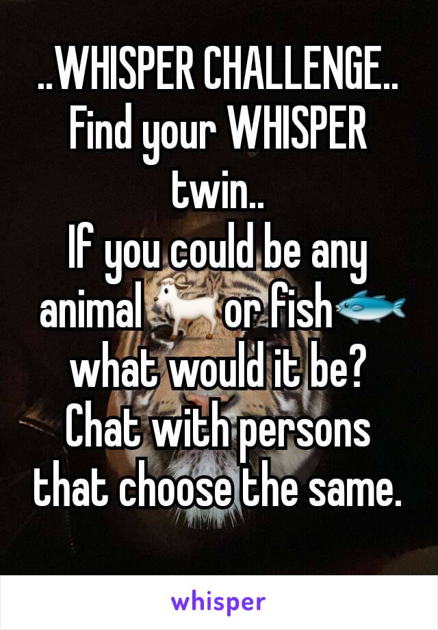 ..WHISPER CHALLENGE..
Find your WHISPER twin..
If you could be any
 animal 🐐or fish🐟 what would it be? Chat with persons that choose the same.