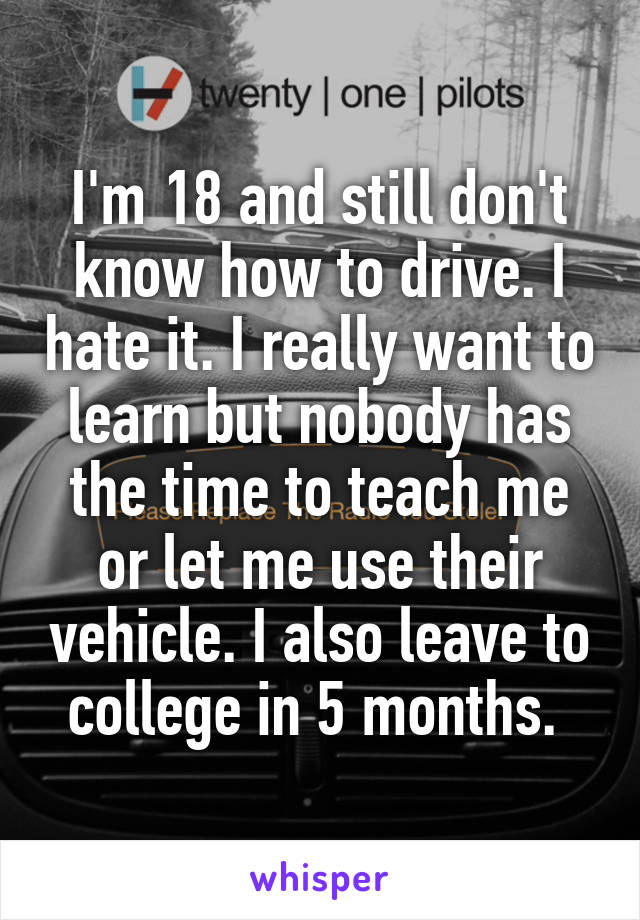 I'm 18 and still don't know how to drive. I hate it. I really want to learn but nobody has the time to teach me or let me use their vehicle. I also leave to college in 5 months. 