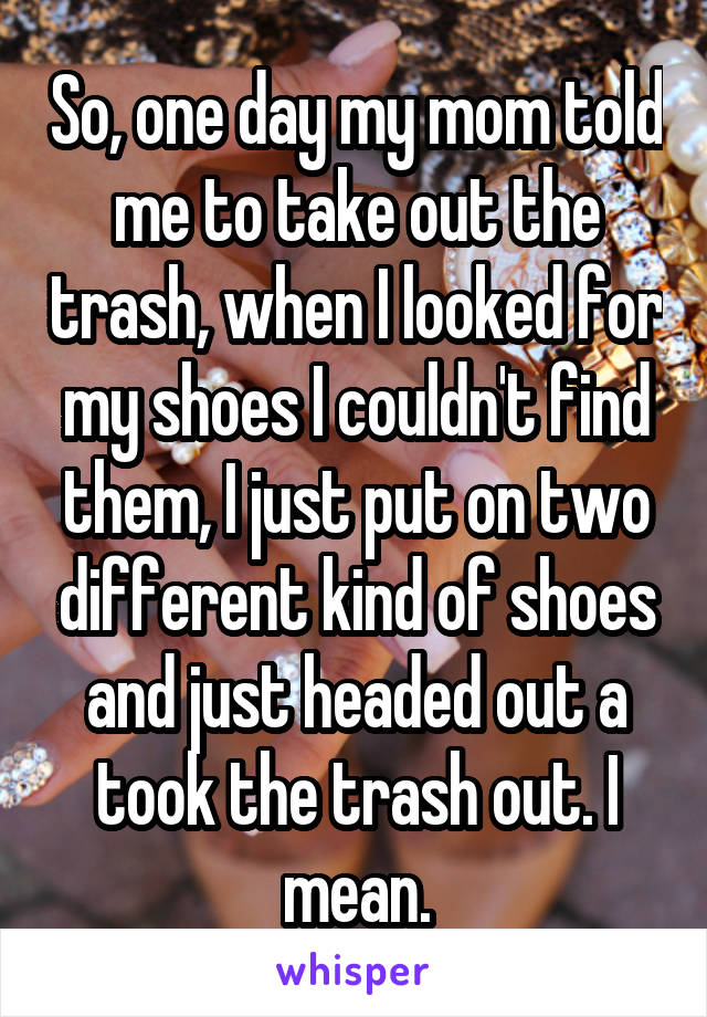 So, one day my mom told me to take out the trash, when I looked for my shoes I couldn't find them, I just put on two different kind of shoes and just headed out a took the trash out. I mean.