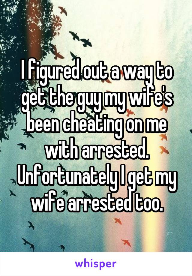 I figured out a way to get the guy my wife's been cheating on me with arrested. Unfortunately I get my wife arrested too.