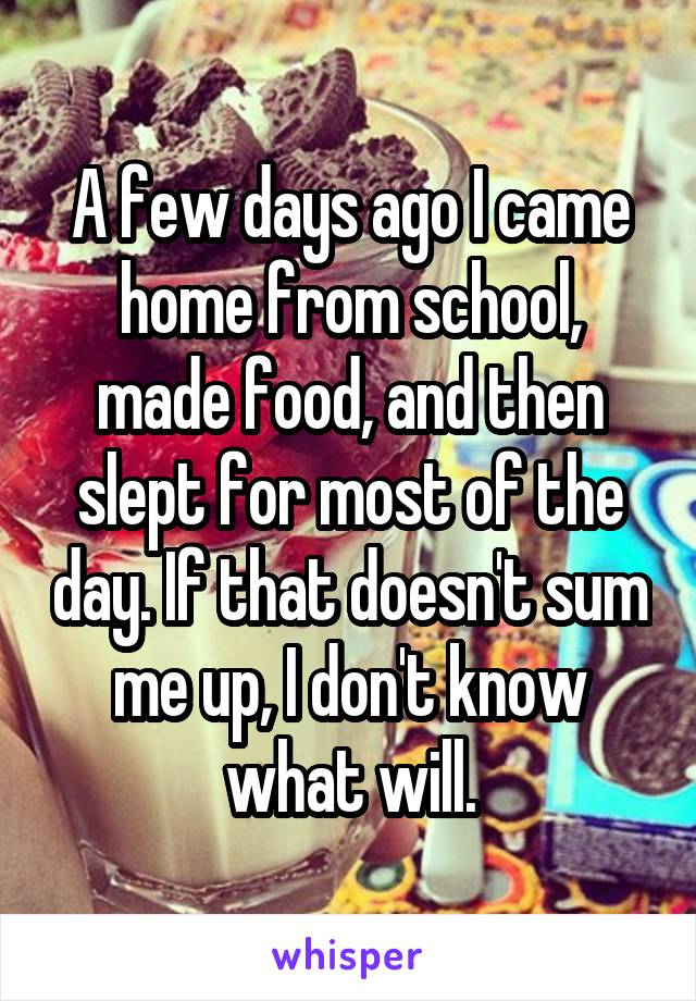 A few days ago I came home from school, made food, and then slept for most of the day. If that doesn't sum me up, I don't know what will.