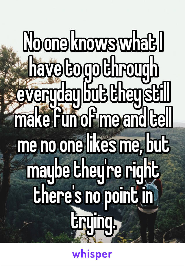 No one knows what I have to go through everyday but they still make fun of me and tell me no one likes me, but maybe they're right there's no point in trying.