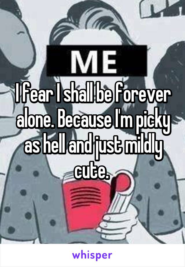 I fear I shall be forever alone. Because I'm picky as hell and just mildly cute. 