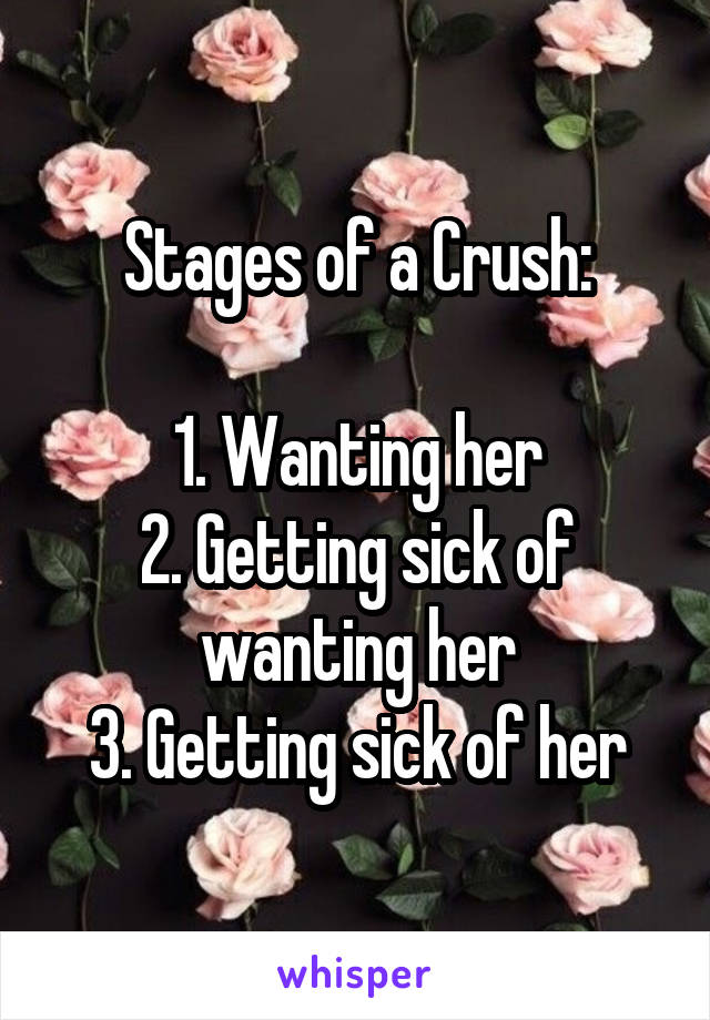 Stages of a Crush:

1. Wanting her
2. Getting sick of wanting her
3. Getting sick of her