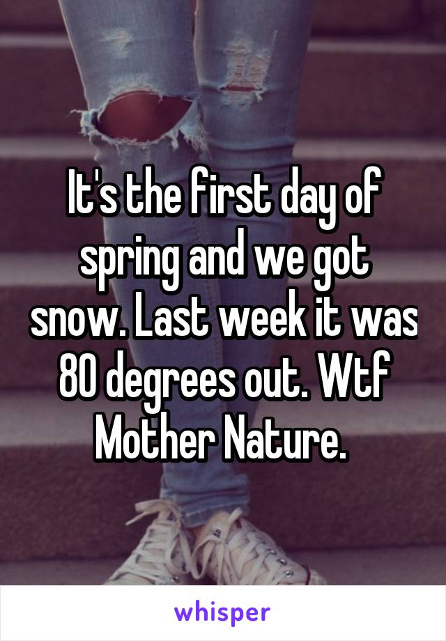It's the first day of spring and we got snow. Last week it was 80 degrees out. Wtf Mother Nature. 