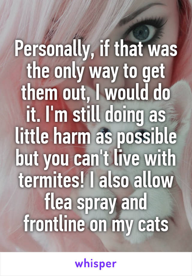 Personally, if that was the only way to get them out, I would do it. I'm still doing as little harm as possible but you can't live with termites! I also allow flea spray and frontline on my cats