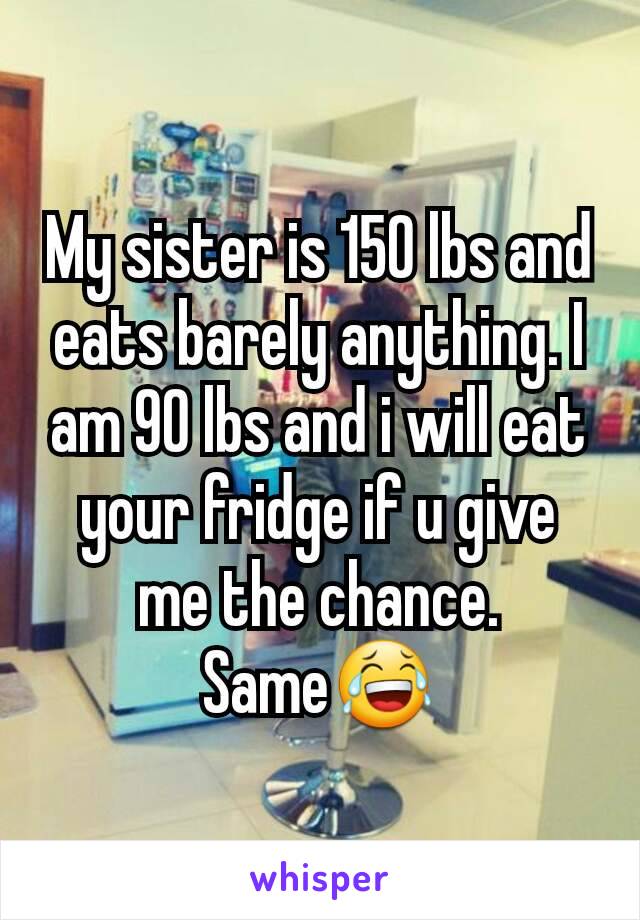 My sister is 150 lbs and eats barely anything. I am 90 lbs and i will eat your fridge if u give me the chance. Same😂