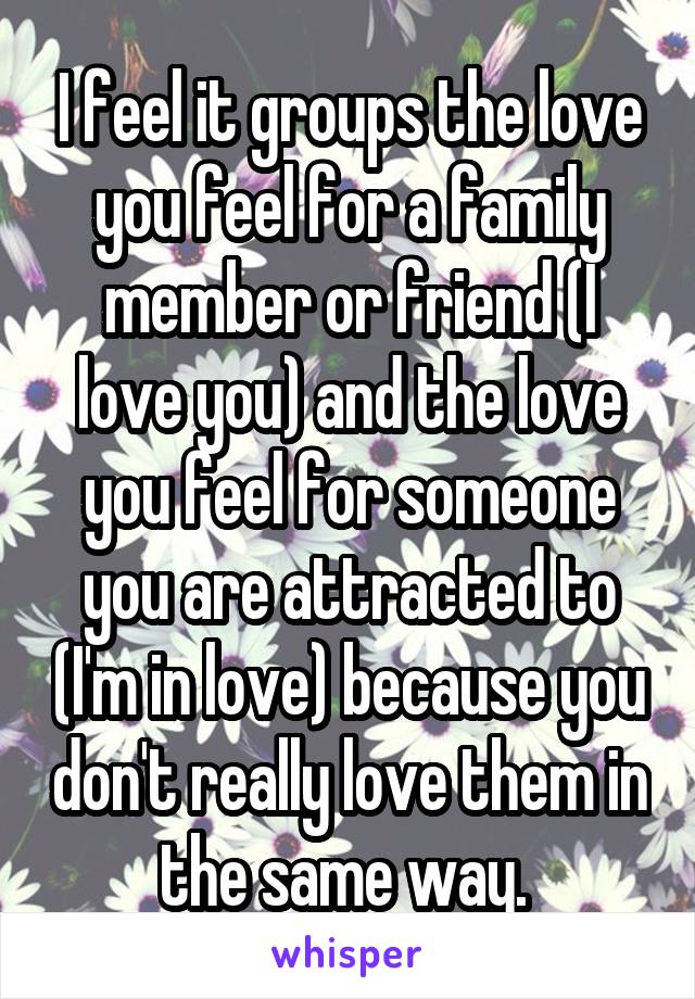 I feel it groups the love you feel for a family member or friend (I love you) and the love you feel for someone you are attracted to (I'm in love) because you don't really love them in the same way. 