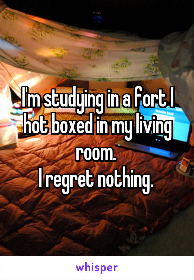 I'm studying in a fort I hot boxed in my living room. 
I regret nothing. 
