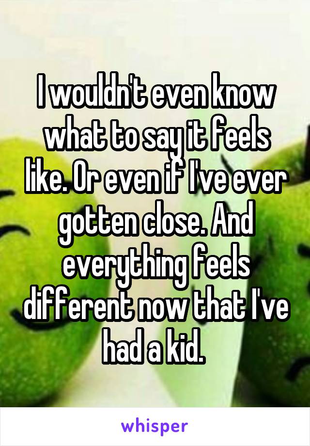 I wouldn't even know what to say it feels like. Or even if I've ever gotten close. And everything feels different now that I've had a kid. 