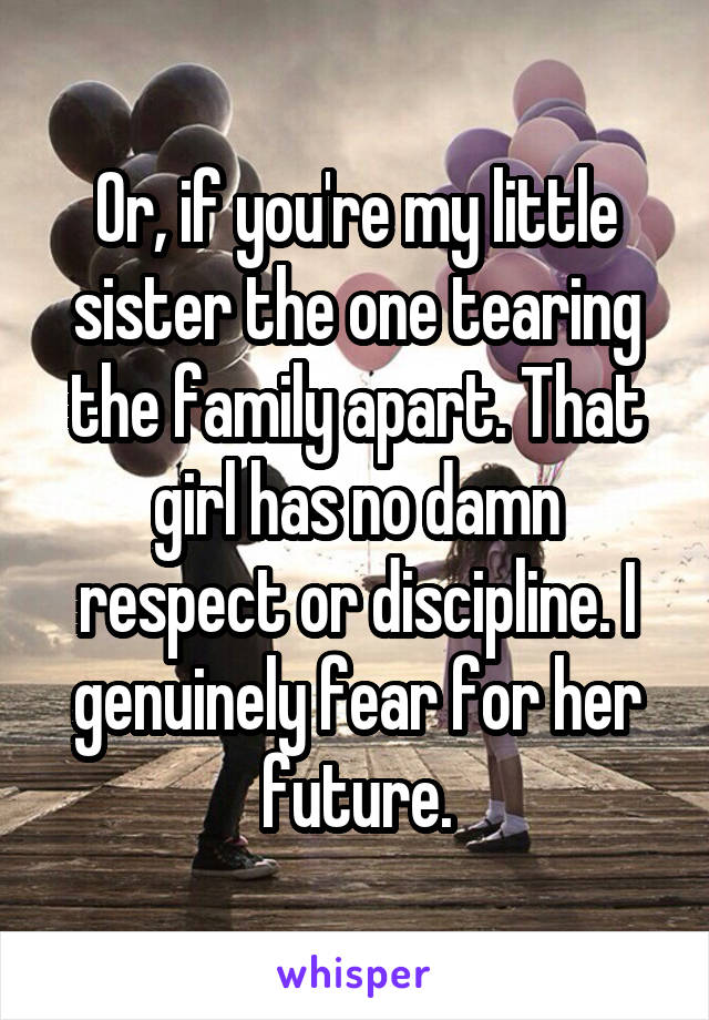 Or, if you're my little sister the one tearing the family apart. That girl has no damn respect or discipline. I genuinely fear for her future.