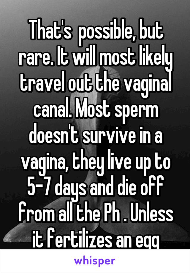 That's  possible, but rare. It will most likely travel out the vaginal canal. Most sperm doesn't survive in a vagina, they live up to 5-7 days and die off from all the Ph . Unless it fertilizes an egg