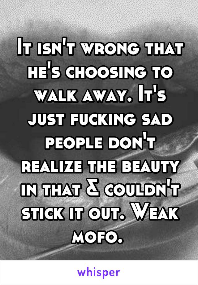 It isn't wrong that he's choosing to walk away. It's just fucking sad people don't realize the beauty in that & couldn't stick it out. Weak mofo. 