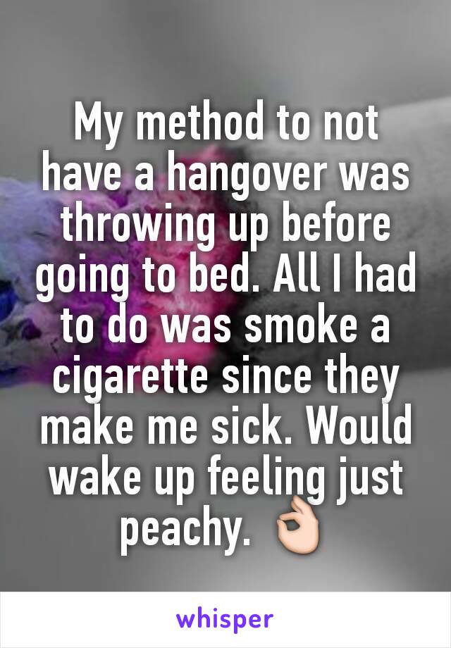 My method to not have a hangover was throwing up before going to bed. All I had to do was smoke a cigarette since they make me sick. Would wake up feeling just peachy. 👌
