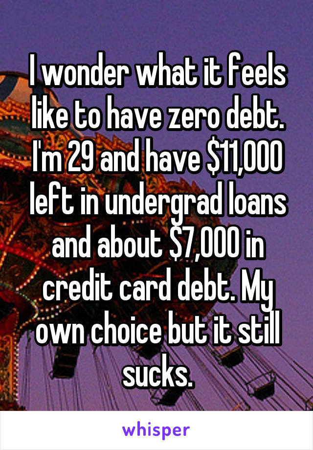 I wonder what it feels like to have zero debt. I'm 29 and have $11,000 left in undergrad loans and about $7,000 in credit card debt. My own choice but it still sucks.