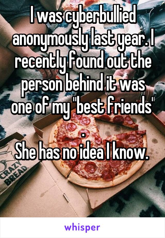 I was cyberbullied anonymously last year. I recently found out the person behind it was one of my "best friends" .
She has no idea I know. 

 

