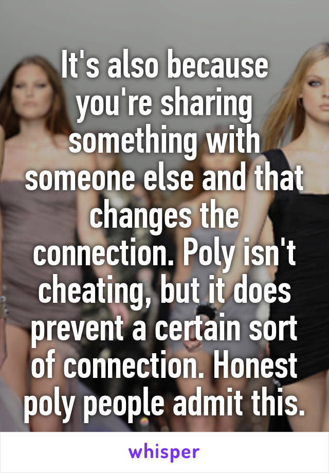 It's also because you're sharing something with someone else and that changes the connection. Poly isn't cheating, but it does prevent a certain sort of connection. Honest poly people admit this.