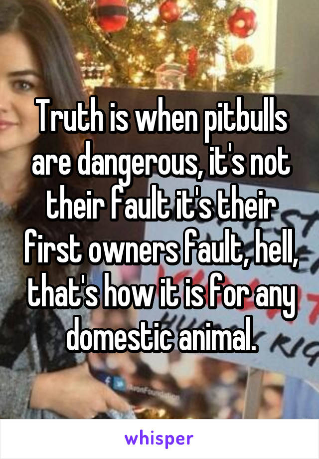 Truth is when pitbulls are dangerous, it's not their fault it's their first owners fault, hell, that's how it is for any domestic animal.