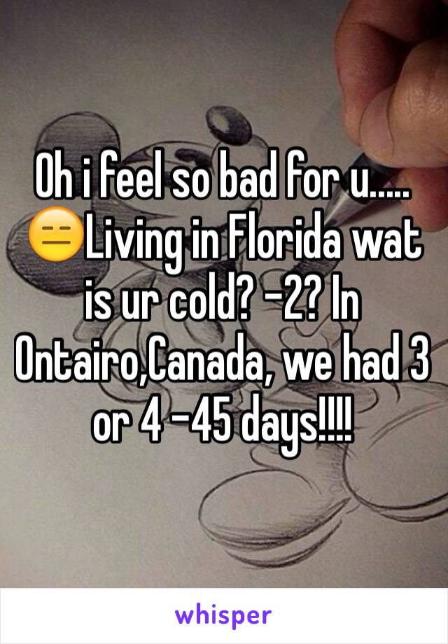 Oh i feel so bad for u..... 😑Living in Florida wat is ur cold? -2? In Ontairo,Canada, we had 3 or 4 -45 days!!!!
