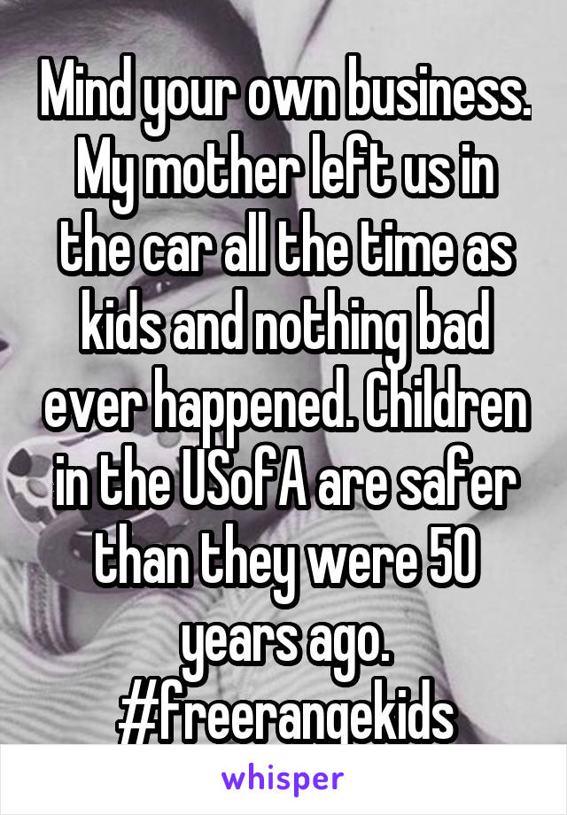 Mind your own business. My mother left us in the car all the time as kids and nothing bad ever happened. Children in the USofA are safer than they were 50 years ago. #freerangekids