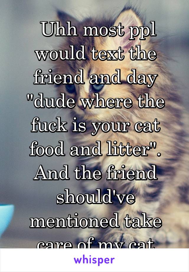  Uhh most ppl would text the friend and day "dude where the fuck is your cat food and litter". And the friend should've mentioned take care of my cat