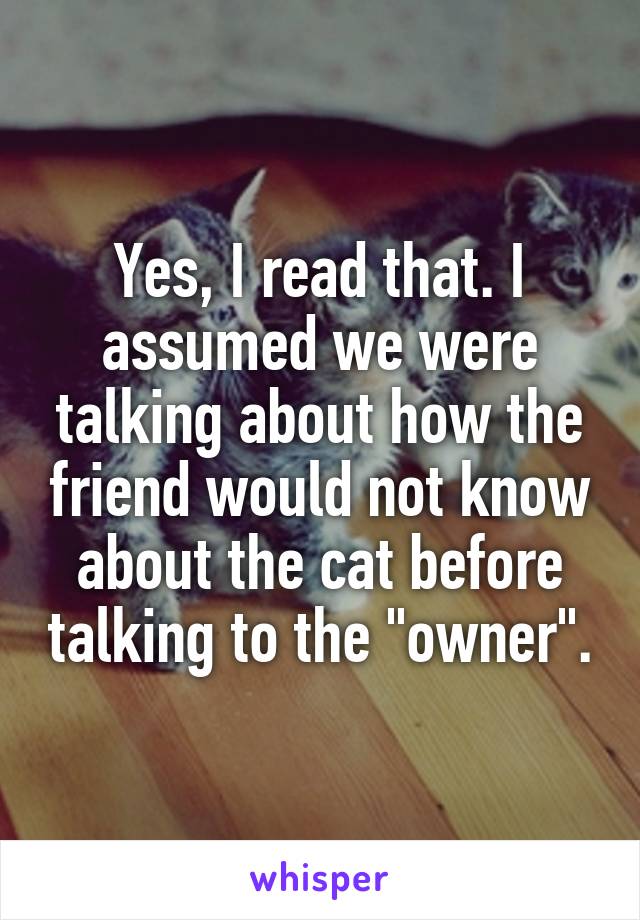 Yes, I read that. I assumed we were talking about how the friend would not know about the cat before talking to the "owner".